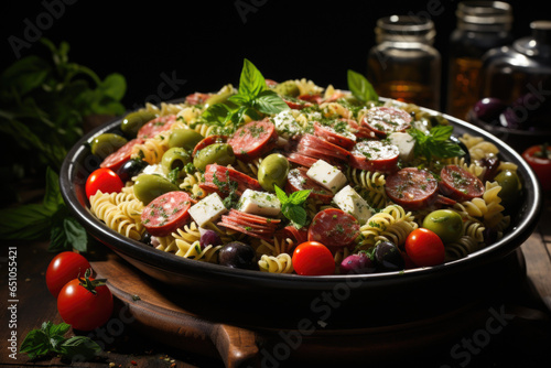 Pasta salad with baked vegetables. Penne pasta with baked peppers, eggplant, pesto and cheese in a white plate on a dark wooden table top view.