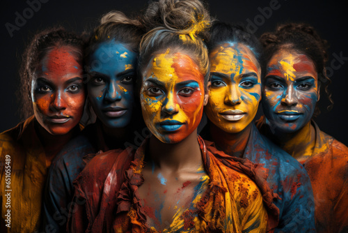 Proud LGBTQ people from different backgrounds with rainbow colored faces symbolizing LGBTQ people. The concept of diversity in genders and lifestyles.