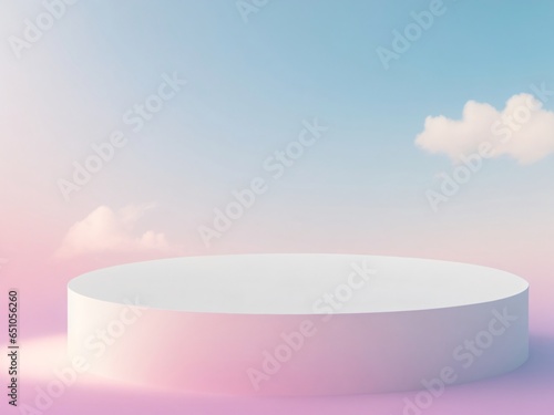 Big round white podium on dreamy pastel color background, 3d cylinder pedestal podium for show cosmetic product © MR.DEEN