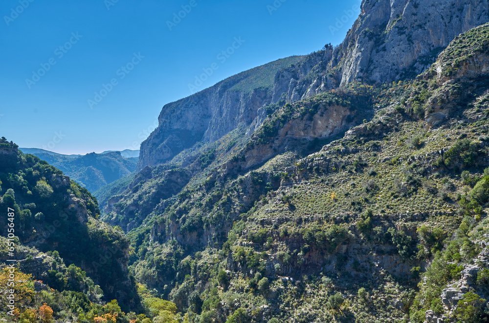 Obraz premium Natural scenery from the famous Ridomo gorge in Taygetus Mountain. located near Kentro Avia and Pigadia Villages in Mani area, Messenia, Greece