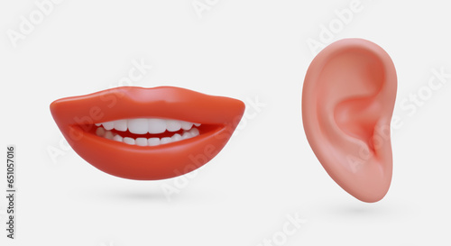 Realistic mouth and ear. Transfer of information. Smile. Listening, speaking. Rumors and gossip. Correct pronunciation, diction. Isolated colorful vector image