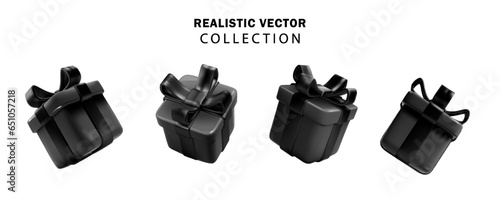 Realistic black gifts boxes set. 3d illustration Black Friday gift boxes with black bows and ribbons. Festive decorative 3d render vector object