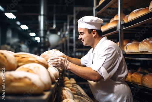 worker testing quality of bread on background © Tidarat