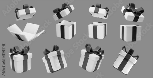 White realistic 3D gift boxes featuring black bows. holiday open surprise boxes for elegance to your designs. Realistic vectors for Black Friday promotions.