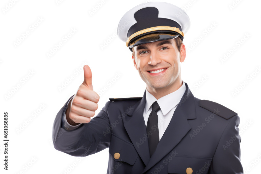 A pilot in uniform with a thumb-up gesture, exuding confidence and a friendly smile, symbolizing readiness for flight.