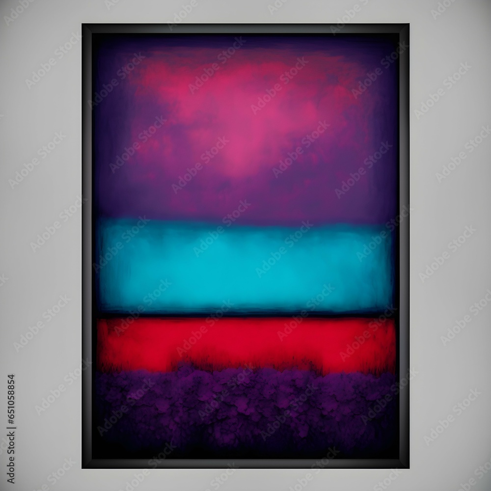 moody colorful field painting 3 tier color red top violet center and aqua lower with faded brushed black edges 