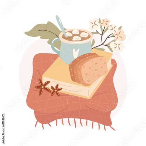 Sweater weather. Book and a warm marshmallow cacao mug with a cake. Cozy autumn days concept.
