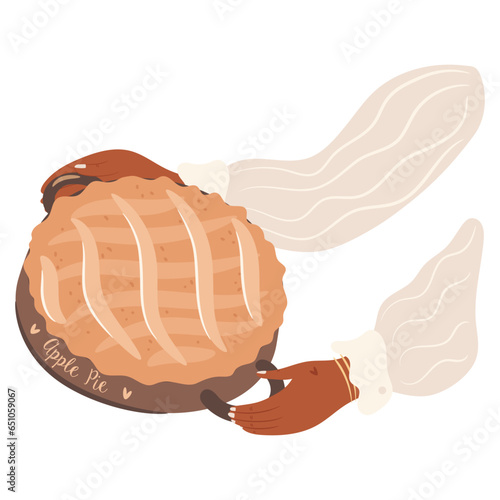 Woman hands holds a freshly baked apple pie. Bakery concept.