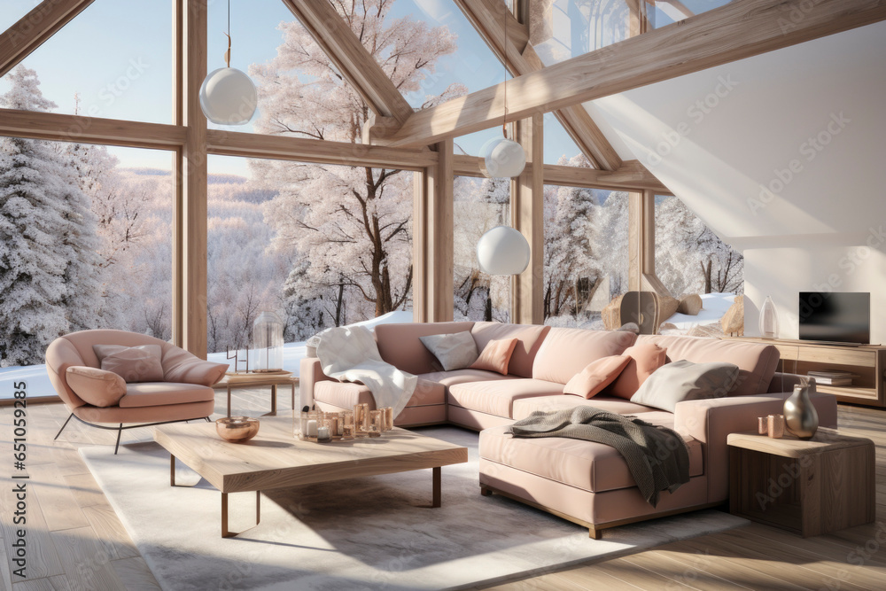 Modern scandinavian interior of living room with design sofa, armchair, a lot of plants, coffee table, carpet and personal accessories in cozy home decor.