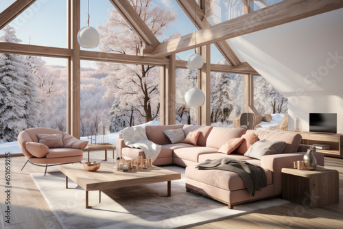 Modern scandinavian interior of living room with design sofa  armchair  a lot of plants  coffee table  carpet and personal accessories in cozy home decor.