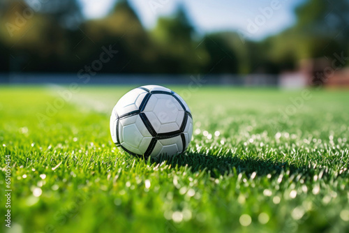 Soccer ball on the white line on the grass  which marks the area of the soccer field.