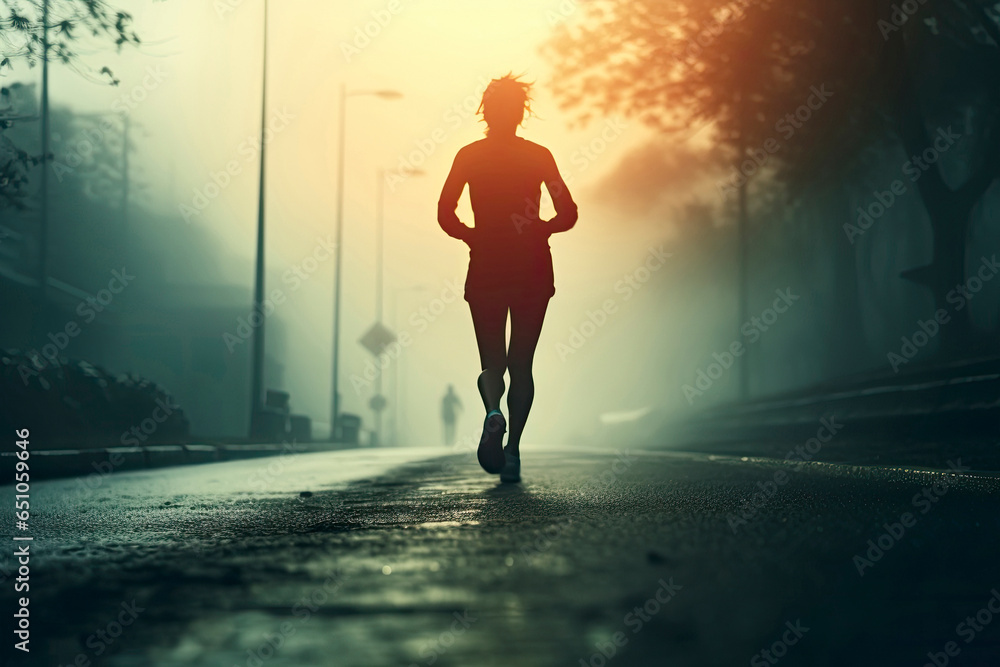 Silhouette of a jogger running along a road with the sun in his face Silhouette of a jogger running along a road with the sun in his face