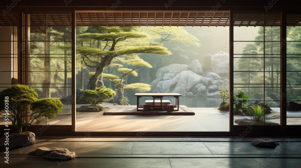 Minimalist Japanese Zen Retreat: An oasis of tranquility with Japanese-inspired decor, tatami mats, shoji screens, and an ambiance that promotes inner peace - obrazy, fototapety, plakaty 