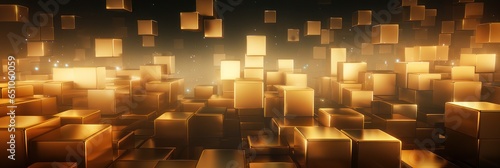 Metallic gold geometric texture with glowing cubes.