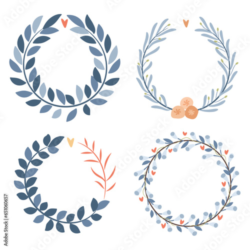 Set of four abstract foliage wreaths. Vector illustration.