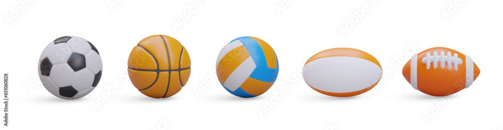 Set of realistic sports balls. Round and oval accessories for team play. Ball for soccer, basketball, volleyball, rugby, American football. Isolated vector icons Set of realistic sports balls. Round and oval accessories for team play. Ball for soccer, basketball, volleyball, rugby, American football. Isolated vector icons