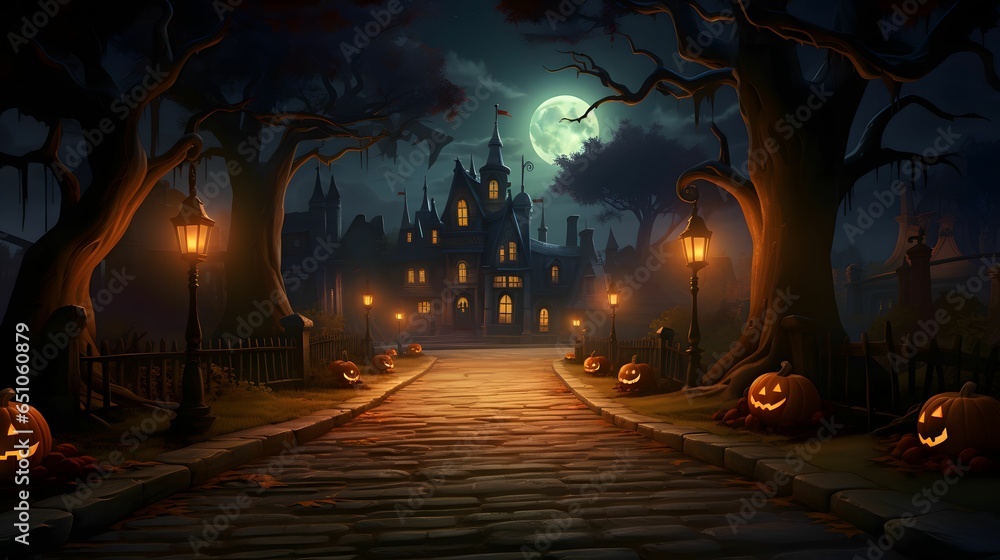 Halloween background with pumpkins and haunted house. Halloween background with Evil Pumpkin.