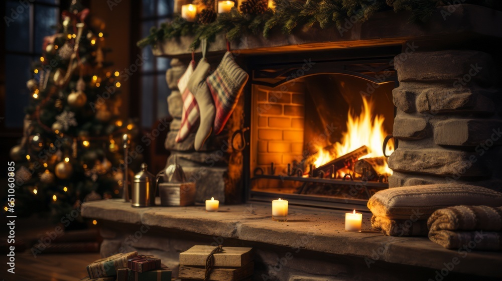 Relaxing by the Christmas fireplace. Cozy living room with fireplace and comfortable furniture
