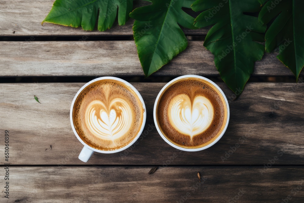 Two cups of cappuccino, patterned on the foam. love, relationship, couple Two cups of cappuccino, patterned on the foam. love, relationship, couple