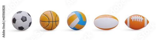 Set of realistic sports balls. Round and oval accessories for team play. Ball for soccer, basketball, volleyball, rugby, American football. Isolated vector icons