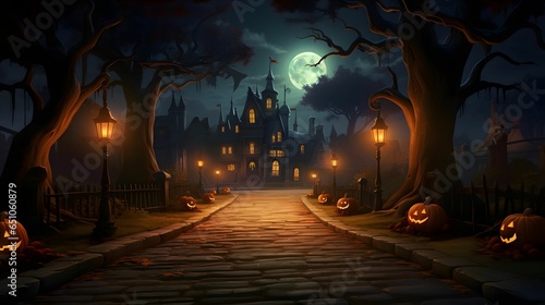 Halloween background with pumpkins and haunted house. Halloween background with Evil Pumpkin.
