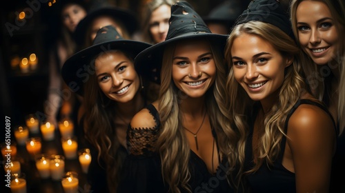 Halloween party. Beautiful young woman witch in black lingerie and witch hat at Halloween party 