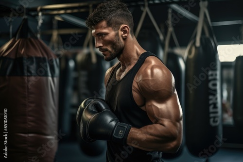 Boxer in action at gym background. © Virtual Art Studio