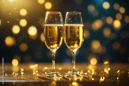 Glasses of sparkling wine in front of tender bright gold bokeh. Generative AI