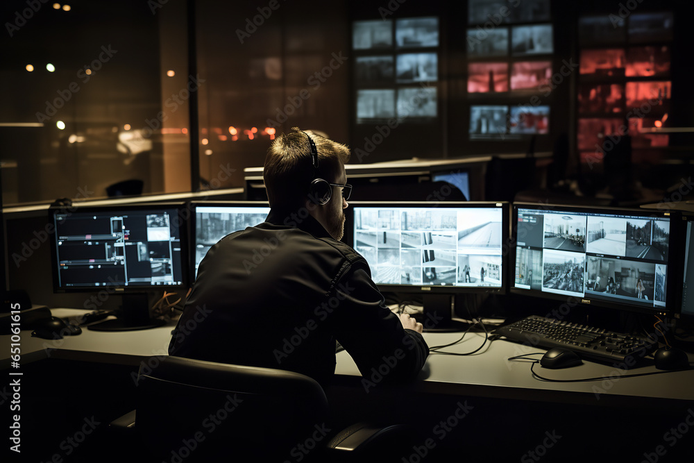 A bank security guard is intently watching multiple surveillance cameras, emphasizing the need for security in banking A bank security guard is intently watching multiple surveillance cameras, emphasizing the need for security in banking