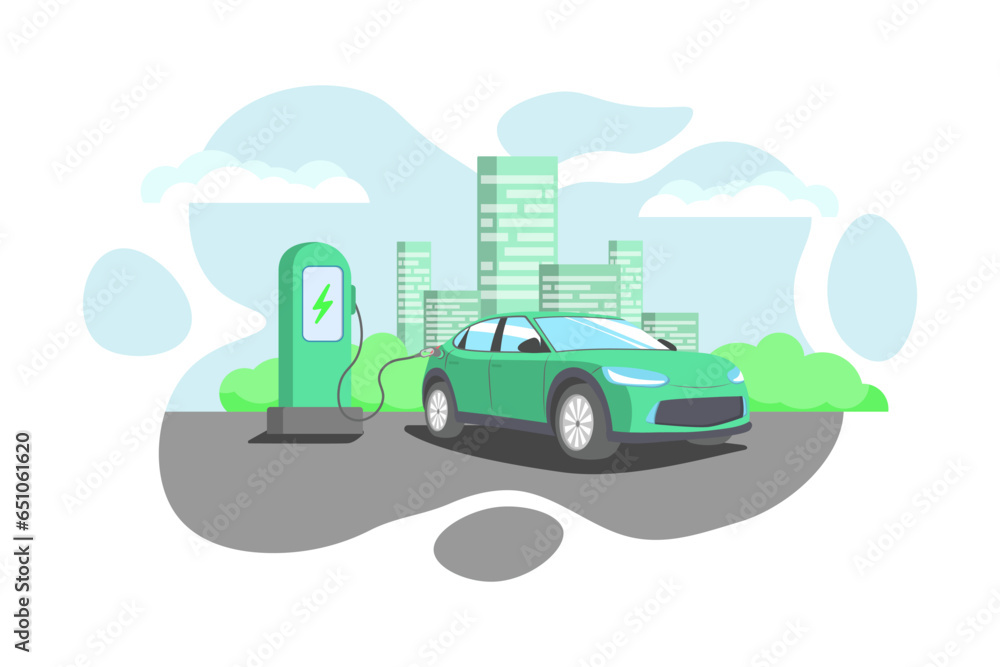 Electric car usage and green electricity energy consumption outline concept. Motor type with plug in socket as environmental and nature friendly power alternative to fuel vehicles vector illustration.
