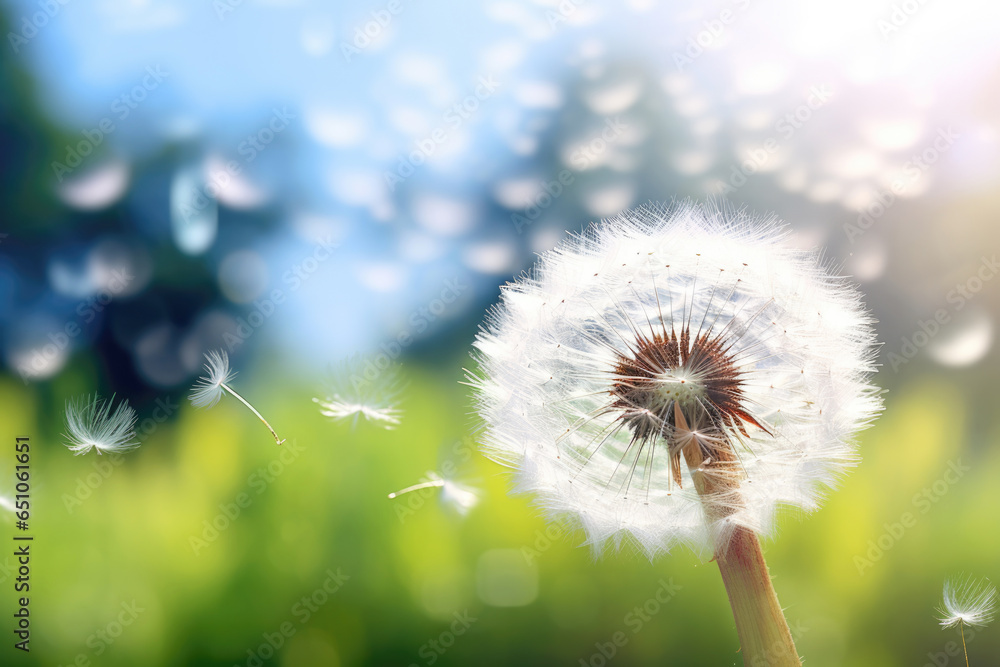 the delicate, white seed head of a dandelion against a vibrant green meadow, showcasing the simplicity of nature's design.