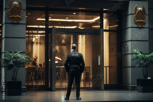 Photo A vigilant security guard stands by the entrance of a bank, ensuring safety for