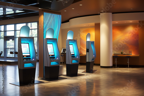 Inside a bank's modern lobby, a digital touchscreen kiosk stands ready to assist customers with various banking needs photo