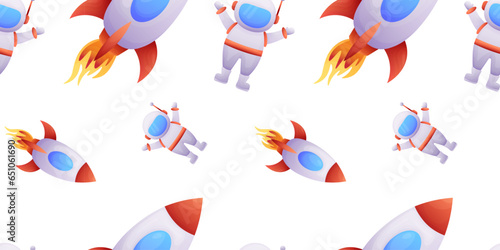 seamless pattern with cartoon space rockets and an astronaut on a white background. vector illustration of wallpaper, packaging, banner, wrapper