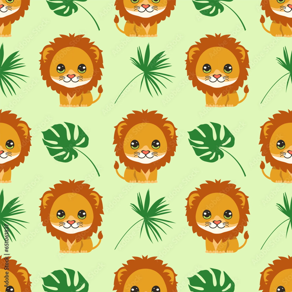 Obraz premium seamless pattern with lion and tropical leaves