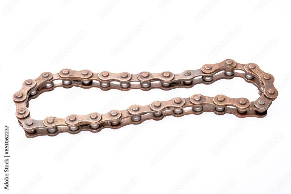 Obraz premium A close-up of a metallic bike chain, an essential part of an industrial bicycle or motorcycle, emphasizing the mechanical connection in intricate detail.