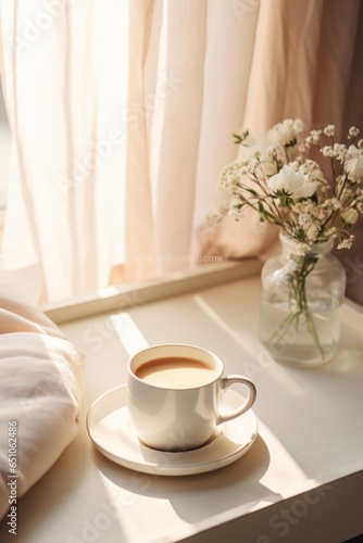 Cozy photo. A cup of coffee, a blanket by the window