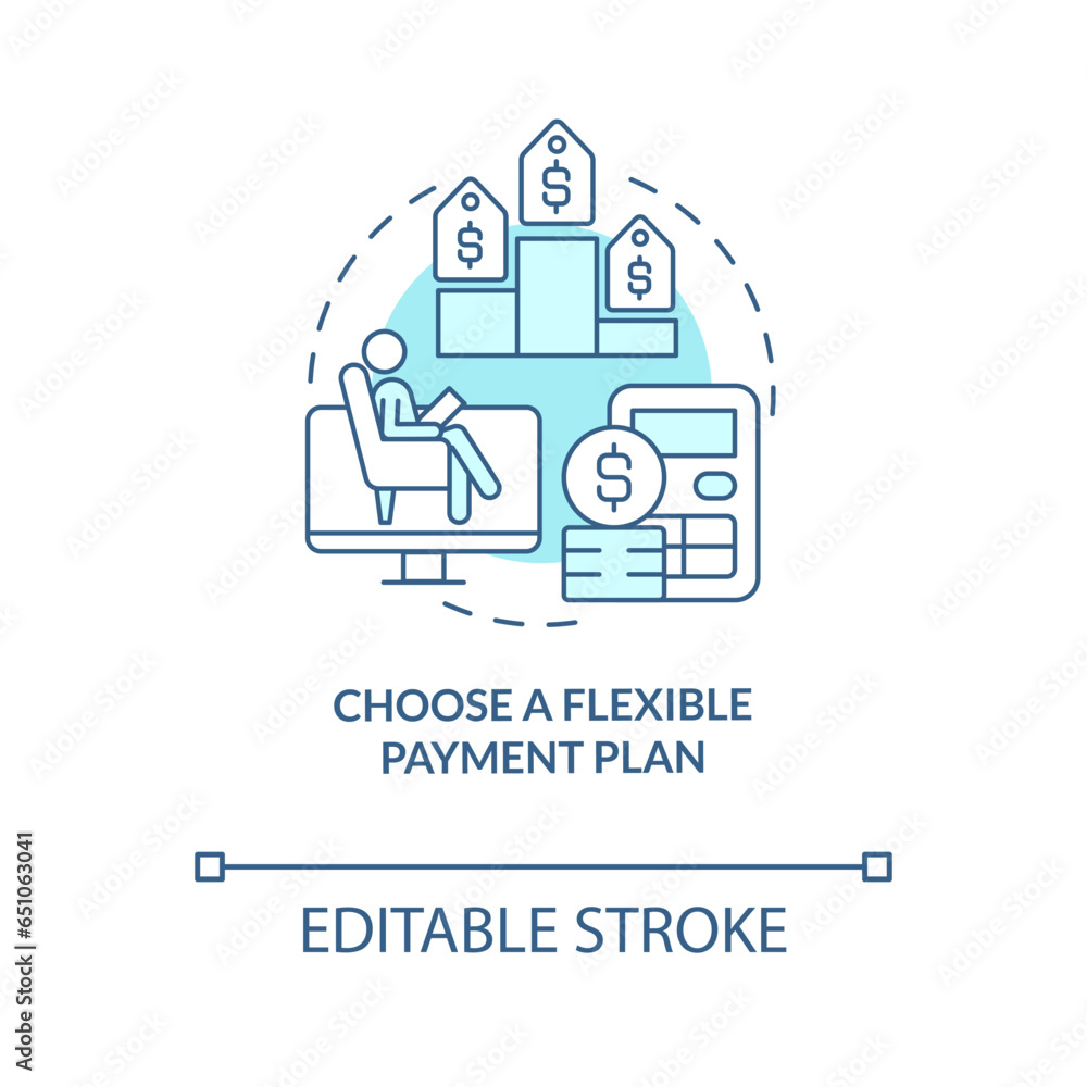 2D editable choose a flexible payment plan thin line blue icon concept, isolated vector, monochromatic illustration representing online therapy. 2D editable choose a flexible payment plan thin line blue icon concept, isolated vector, monochromatic illustration representing online therapy.