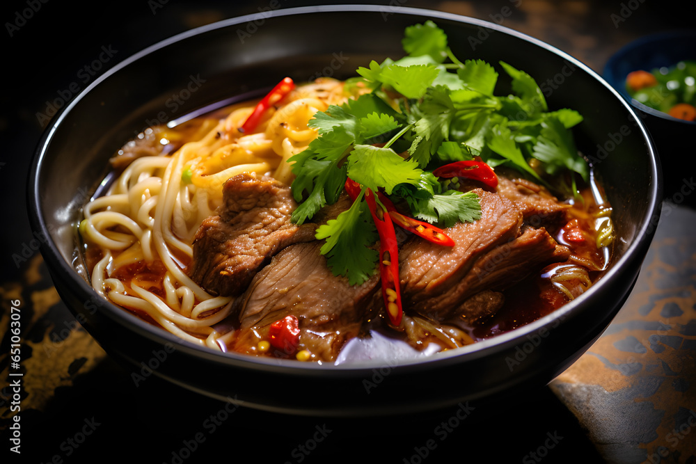 Close up of a bowl of Thai Braised pork Noodle Soup. Close up of a bowl of Thai Braised pork Noodle Soup.