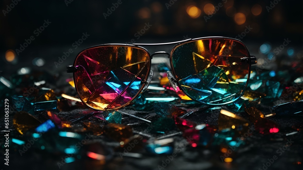 Glasses with small shiny and colorful beads in foreground of a dark background. Wallpaper made of minimal objects. Glasses with small shiny and colorful beads in foreground of a dark background. Wallpaper made of minimal objects.