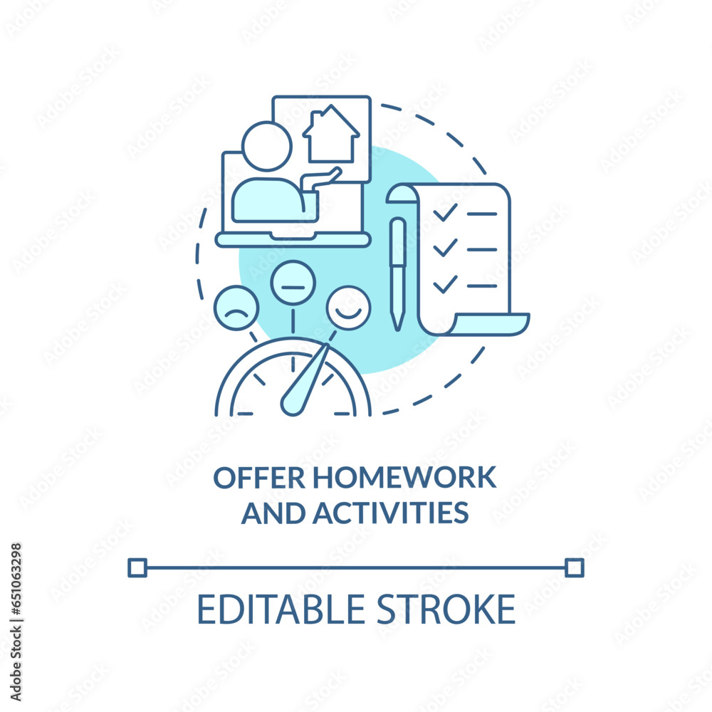 2D editable offer homework and activities thin line blue icon concept, isolated vector, monochromatic illustration representing online therapy. 2D editable offer homework and activities thin line blue icon concept, isolated vector, monochromatic illustration representing online therapy.