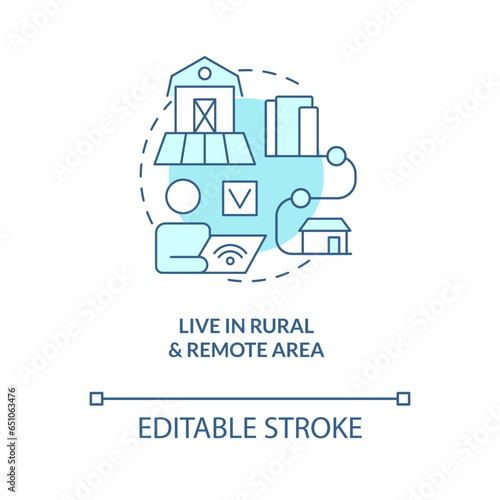 2D editable live in rural and remote area thin line blue icon concept, isolated vector, monochromatic illustration representing online therapy.