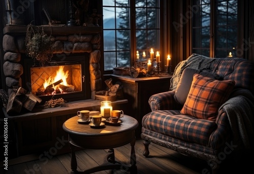 A fireplace with a chair and a candle in front of it, AI