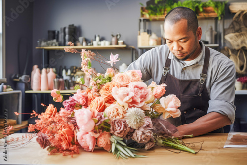 Blooms and Business  A man s floral expertise shines in his store as he arranges bouquets and tends to his flower-filled space.