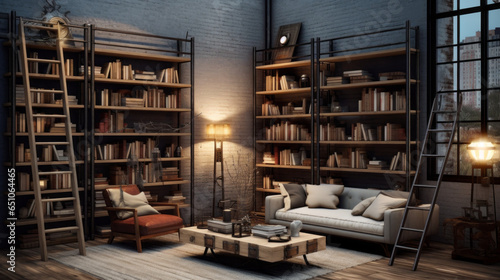 Modern Industrial Book Nook: An industrial-style room with floor-to-ceiling bookshelves, a rolling ladder, and cozy reading corners