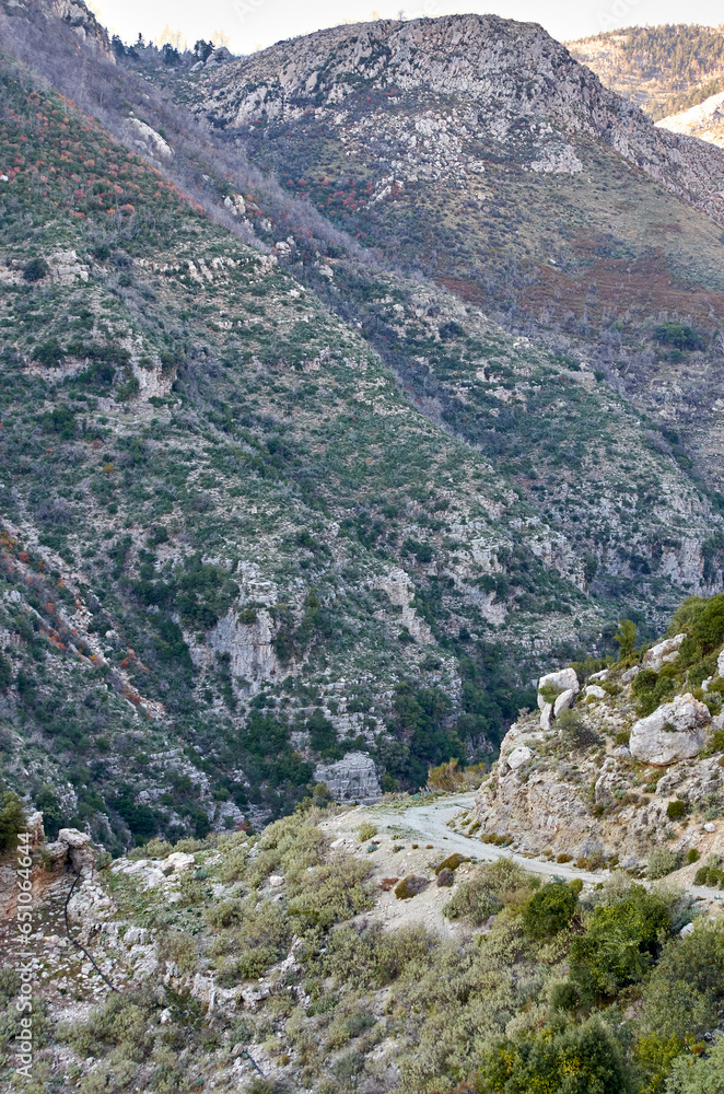 Natural scenery from the famous Ridomo gorge in Taygetus Mountain. located near Kentro Avia and Pigadia Villages in Mani area, Messenia, Greece