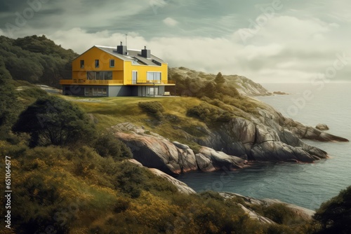 Yellow house fjord. Generate Ai