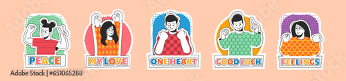 People stickers. Cute trendy badge. OK hand gestures. Happy man. Positive victory greeting. Smiling joyful woman. Cheerful girls and guys portrait. Vector cartoon labels design set