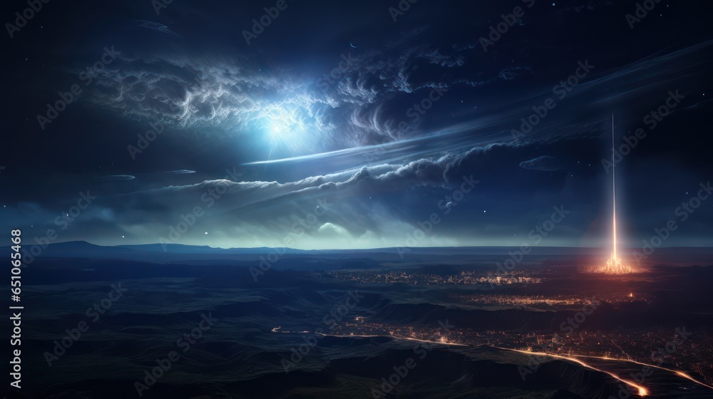 A comet flying in the lower atmosphere of the earth over mountains and rivers