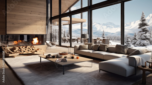 Modern Scandinavian Ski Chalet: Combining modern design with alpine accents, featuring a sleek fireplace, plush seating, and panoramic mountain views © Textures & Patterns